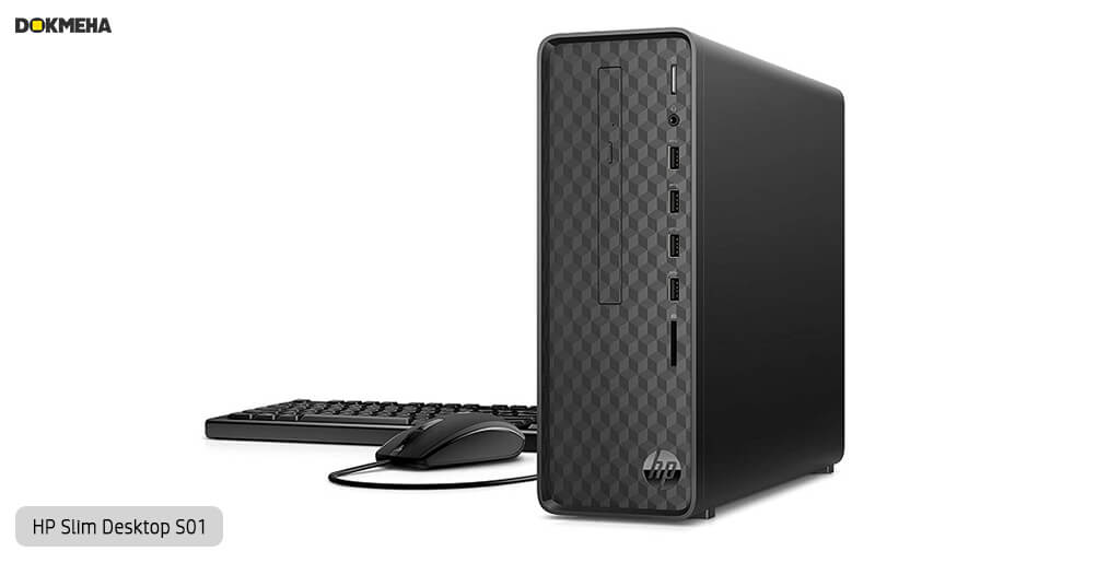 کیس اچ پی پرو دسک HP-Slim-Desktop-S01 نمای بغل راست روبرو با کیبورد و موس