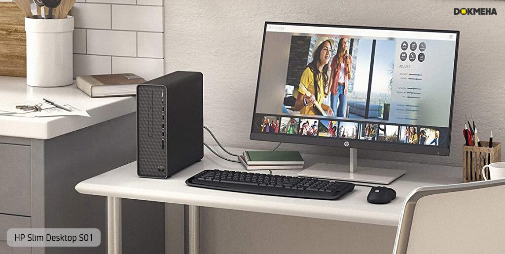 کیس اچ پی پرو دسک HP-Slim-Desktop-S01 نمای بغل راست روبرو با کیبورد و موس مانیتور