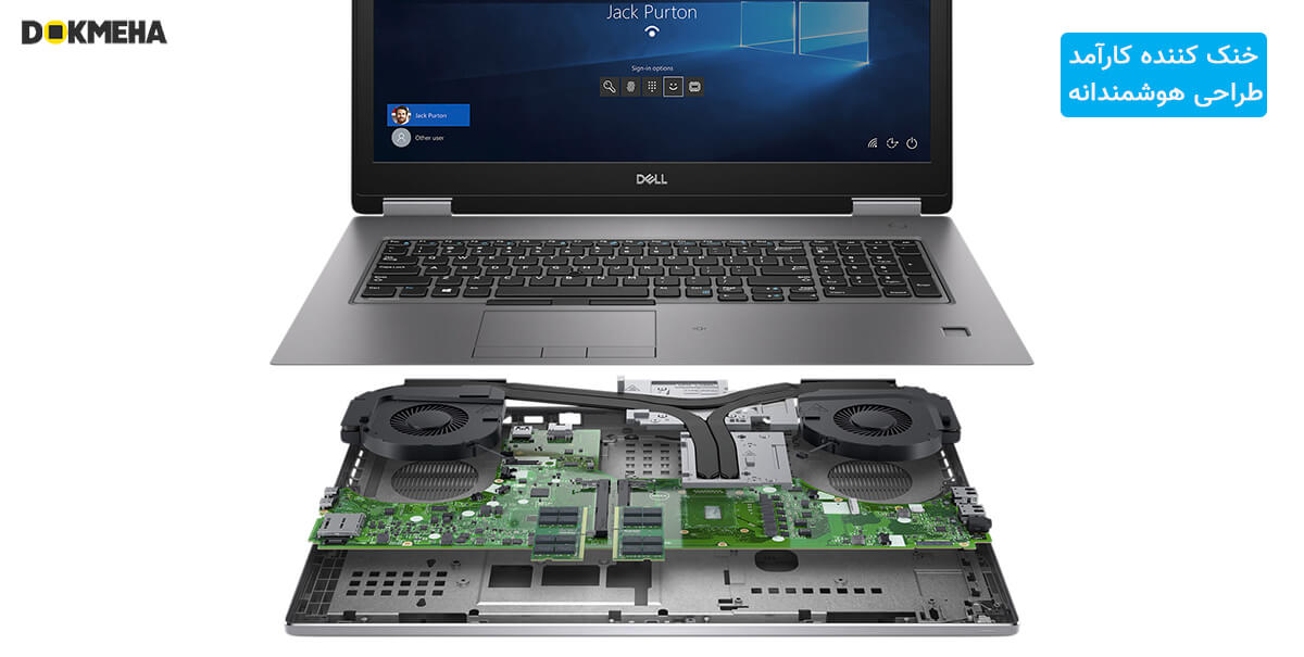 لپ تاپ ورک استیشن دل پرسیشن Dell Precision 17 7740 نمای روبرو و قطعات داخلی و خنک کننده
