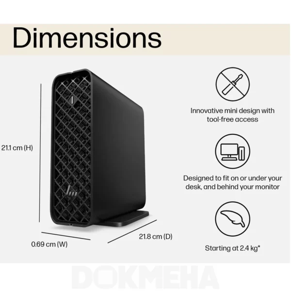 کیس اچ پی HP Z2 Mini G9 Workstation Desktop PC - نمای جانبی راست ایستاده با ابعاد کامل و وزن