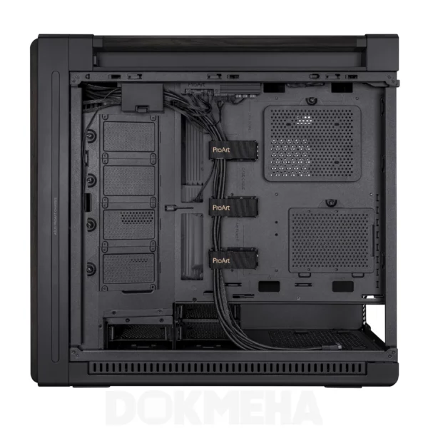 کیس ورک استیشن DOKMEHA W40000 Intel Xeon Scalable 5th Gen - نمای راست با پنل باز و مدیریت کابل برای کیس ایسوس Asus PA602 Wood Edition