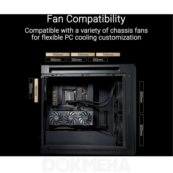 کیس ورک استیشن DOKMEHA W40000 Intel Xeon Scalable 5th Gen - نمای چپ با کانفیگ کامل و نصب فن ها در بالا و پشت کیس ایسوس Asus PA602 Wood Edition