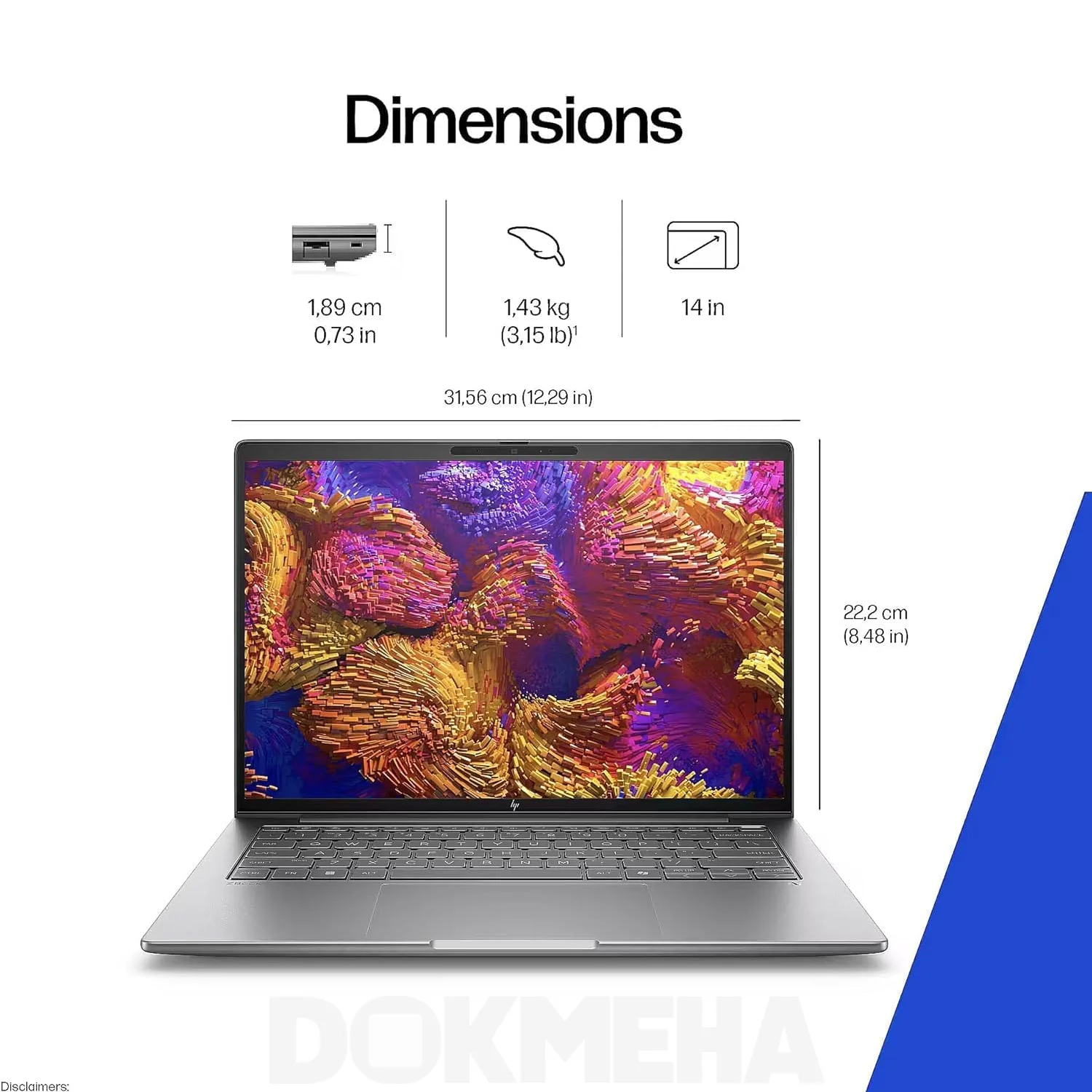 ابعاد و وزن در نمای روبروی لپتاپ ورکاستیشن HP ZBook 8 G1ak 14 inch Mobile Workstation PC